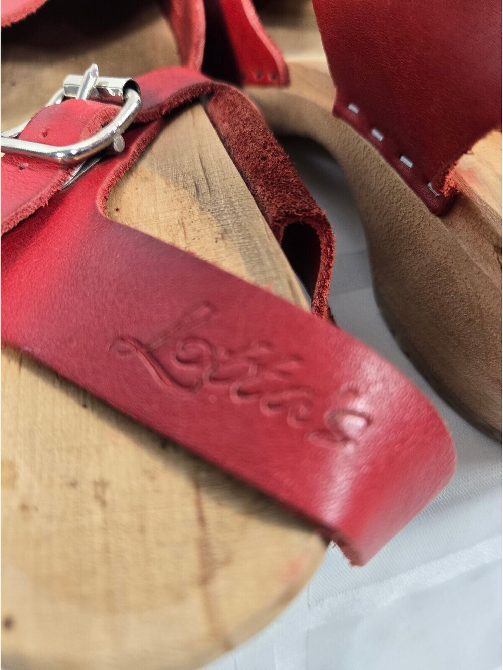 Lotta from Stockholm Red Leather Swedish Wooden Clogs Boho - Picture 7 of 11